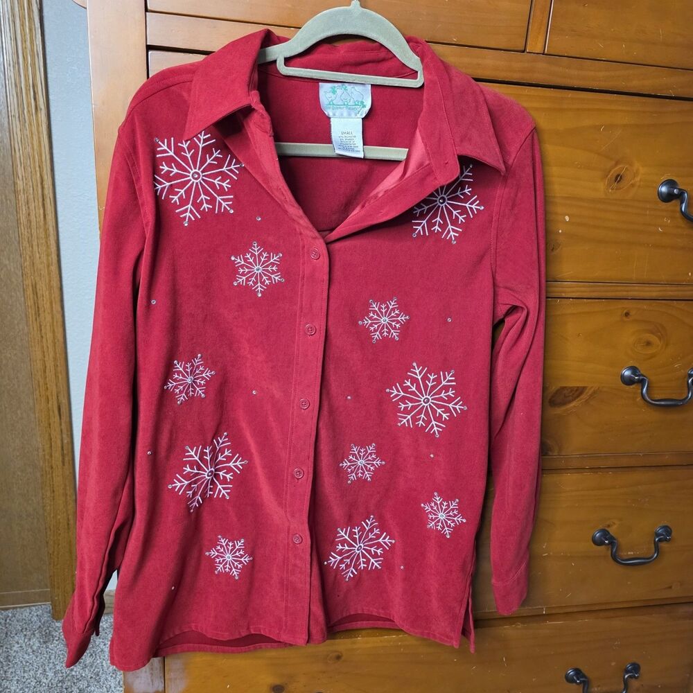 Quacker Factory  Button Down Shirt Size Small Red Rhinestone Snowflake Holiday